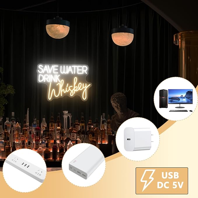 Save Water Drink Whiskey Neon Sign, Neon Signs for Wall Decor, Dimmable Led Signs for Bedroom, Light Up Signs for Home Bar Man Cave Pub Restaurant Bistro Club Birthday Party Decorations Gifts