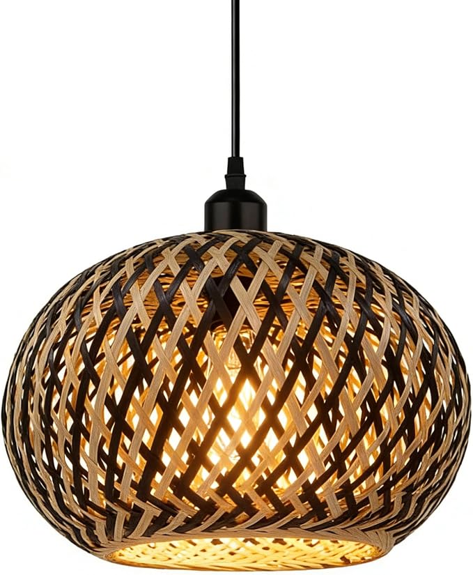 Island Pendant Light Black Natural Hand-Woven Bamboo Pendant Lights 1-Light Boho Light Fixtures Farmhouse Rustic Hanging Lamp for Living Room Dining Room Bedroom