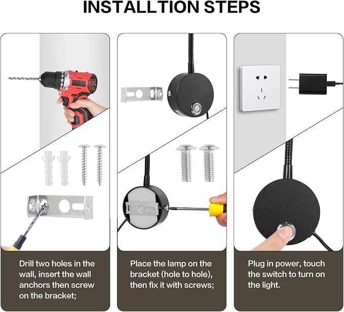Reading Light for Bed, Wall Mounted Reading Lights with 15" Flexible Gooseneck, Touch Control, 3 Colors Temperature and Stepless Dimmable, Plug in Headboard Book Light - Silver(2 Pack)