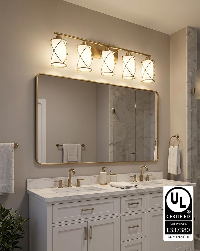 5-Light Brushed Gold Bathroom Light Fixtures Over Mirror, 38" UL-Listed Modern Wall Sconce Lights with Milk White Frosted Glass and Metal Cage for Bath, Hardwire E26, CH9176BGW-5W