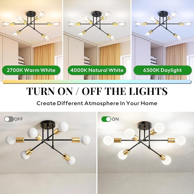 Modern Sputnik Chandelier Ceiling Light Fixtures, 6-Lights 22” Mid Century Industrial Metal Semi Flush Mount for Dining Room, Bedroom, Living Room-Black and Gold
