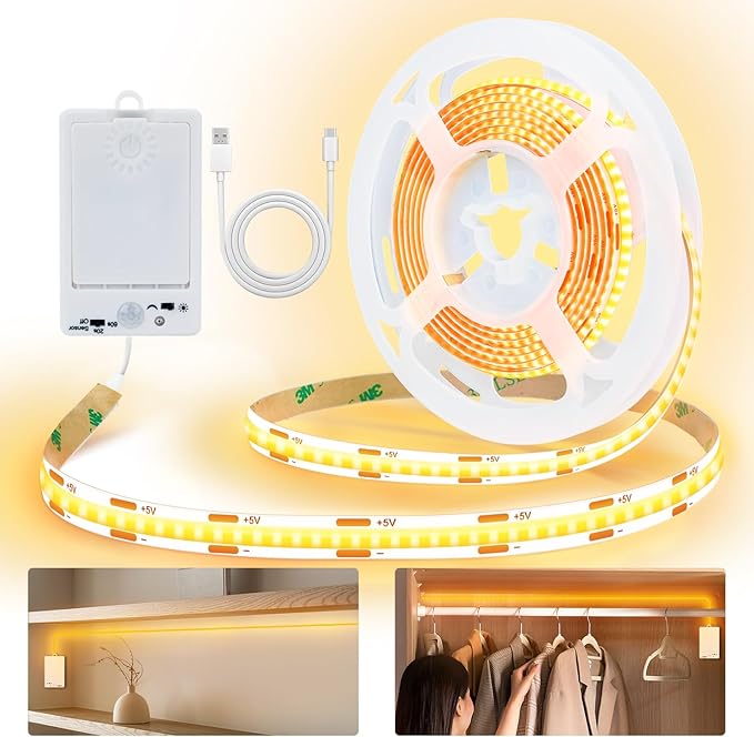 OMIKA COB Motion Sensor Light Strip Indoor, 6.56ft 640LEDs 2700K Warm White 1500mAh Rechargeable Closet Light, Cuttable Self Adhesive LED Lights for Bedroom, Cabinet, Shelves, Pantry, Stairs