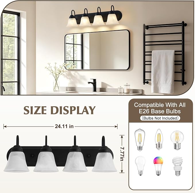 EJIAXIN 4-Light Bathroom Light Fixtures Over Mirror, Matte Black Modern Vanity Lights for Bathroom, Vanity Lighting Fixtures with E26 Base for Mirror Living Room Bedroom Cabinet