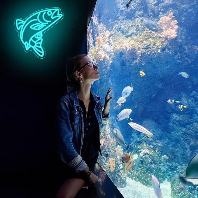 Fish Neon Sign for Wall Decor Blue Salmon Neon Light Fishing Neon Light Sign Ocean Led Light Sign for Fish Shop Bedroom Living Room Restaurant Office Kitchen Decoration