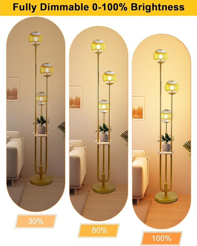 Lightdot Amber Glass Floor Lamp with Shelf 63IN Dimmable Mid Century Modern Gold Standing Lamps 3000K Bulbs Included Globe Floor Lamp with 5Lbs Heavy Base for Living Room/Wedding/Sofa Beside/Corner