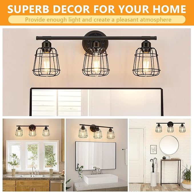 3-Light Bathroom Light Fixtures Over Mirror, Matte Black Bathroom Vanity Light with Cage, E26 Base Farmhouse Wall Sconces for Bedroom Cabinets Living Room, UL Listed