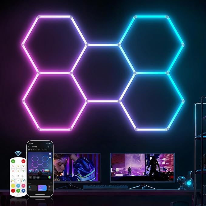 HYPERLITE Hexagon Garage Lights: Gen-IV 5 Grid RGB Hexagon LED Lights with Music Sync Mode, App & Remote Control, Multi-Color Honeycomb Light for Gaming Room, Gym, Garage