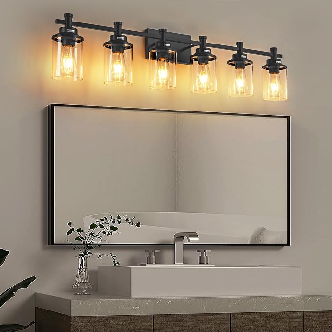 Modern Black Bathroom Vanity Lighting Over Mirror, 6 Lights with Clear Glass Shade, Metal Vanity Light Fixture for Bathroom, Bedroom, Living Room