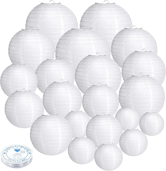 21 Pcs White Paper Lanterns Party Decorations, 4/6/8/10 Inch Round Chinese Hanging Paper Lanterns for Wedding, Birthday, Baby Shower, Graduation, Classroom Ceiling Decorations Indoor Outdoor