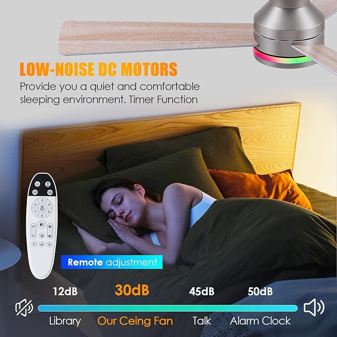 46" 3-Blade Silver Low Profile RGB Ceiling Fan with Light and Remote/APP | 11 RGB Modes,Reversible 6 Wind Speeds,Dimmable 3 CCT LED, 25W Quiet DC Motor,Timer,6 Double-Sided Blades,for Kidsroom Party