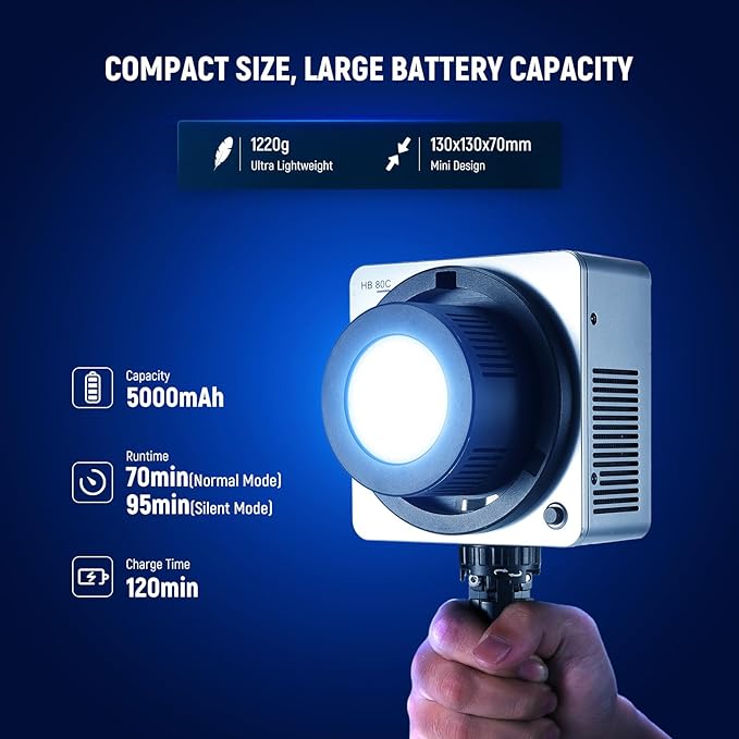 NEEWER HB80C 80W RGBWW LED Video Light with 72Wh Battery & 100W PD Fast Charging, 10400lux/m Brightness, 2500K-7500K CCT, 18 Lighting Effects, Bowens Spotlight for Studio Photography & Video Recording