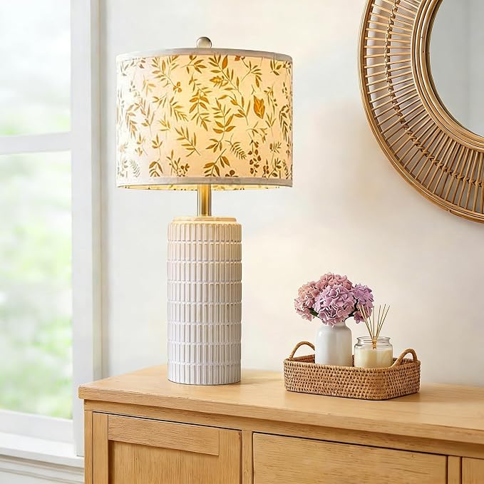 PoKat 23'' Dried Flowers Table Lamp for Bedroom Nightstands, Birthday Gifts for Women Mom, House Warming Gifts New Home Decor, Ceramic Lamp for Living Room Nursery, Modern Bedroom Lamp for Dresser