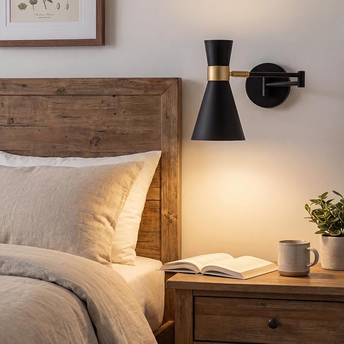 OSYNNIQ Wall Sconce Light with Adjustable Swing Arm for Bedside Reading | Wall Lamp, Modern, Industrial, Lighting Fixture, Black, Hardwired, for Bedroom/Living Room/Indoor, LED E26 Bulb Included
