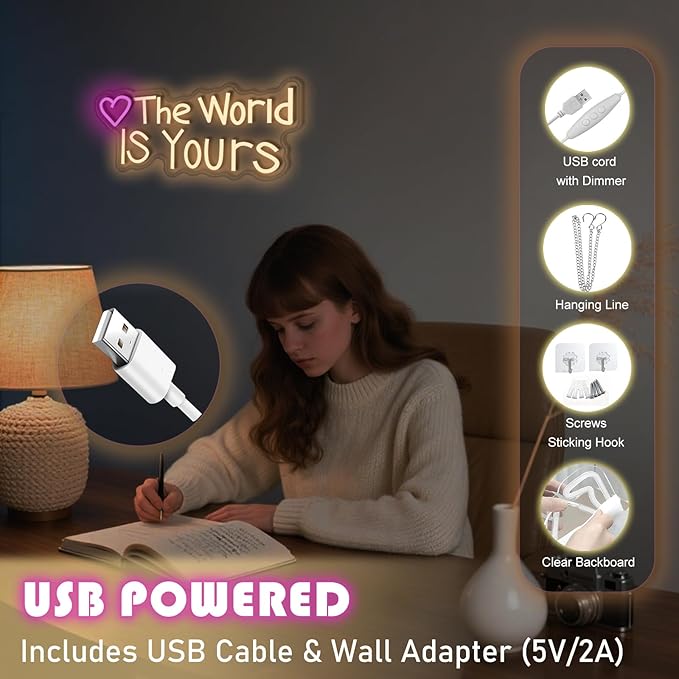 The World IS Yours neon sign, suitable for classroom wall decoration, back-to-school season, graduation season, student gifts. Dimmable, USB powered, pink heart-shaped inspirational neon light.