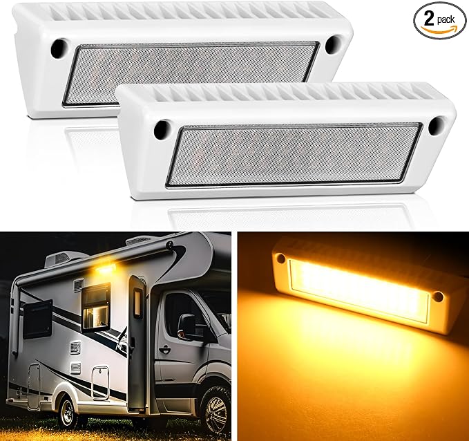 Nilight 2PCS 9 Inch RV Exterior Lights Amber Beam for RV Trailer Camper SUV | 2PCS LED porch scene cargo light, white aluminum housing, 12V 24V waterproof for RVs trailers campers 5th wheels
