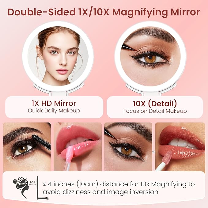 Makeup Mirror with Lights, 10X /1X Double-Sided Lighted Makeup Mirror with Magnification, Rechargeable Magnifying Mirror with 3 Color Lights, Portable Make up Mirror 3 in 1 Tabletop/Handheld/Hanging