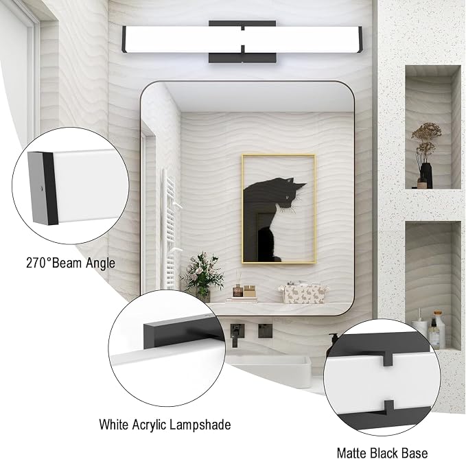 Bathroom Vanity Light with Night Light Cool White 5700K Black Modern Matte Bathroom Lighting Fixtures; 24 Inch IP44 25W Equivalent to Incandescent 250W for Over Mirror Vanity Light ETL Listed