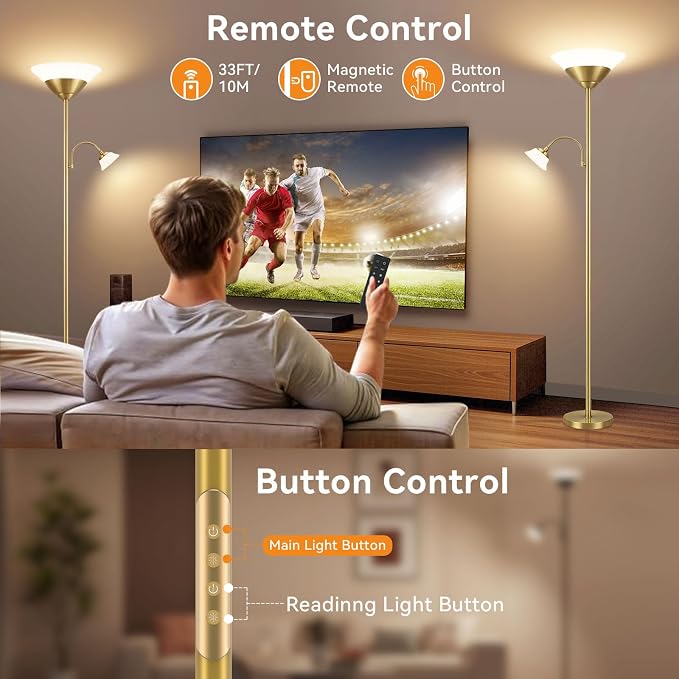 2-in-1 Torchiere Floor Lamp, 34W Super Bright LED Standing Lamp with Remote & Touch Control, 72" Dimmable Adjustable Corner Reading Lamp for Living Room, Bedroom, Office, Gold