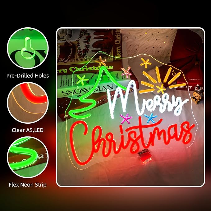 Merry Christmas Tree Neon Sign Dimmable With Christmas Tree and Sun Star Neon Signs Vibrant LED Neon Glowing Sign for Wall Decor Window Man Cave Bedroom Wedding Bar Party Gift New Year