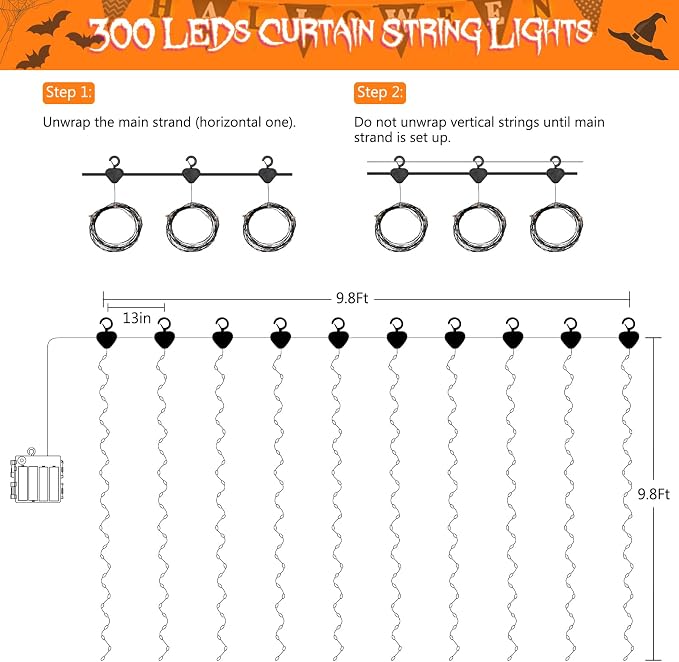 echosari Halloween Curtain Lights Battery Operated 9.8 x 9.8Ft | 300 LED Twinkle Lights Timer for Bedroom Wedding Backdrop Decor Orange & Purple