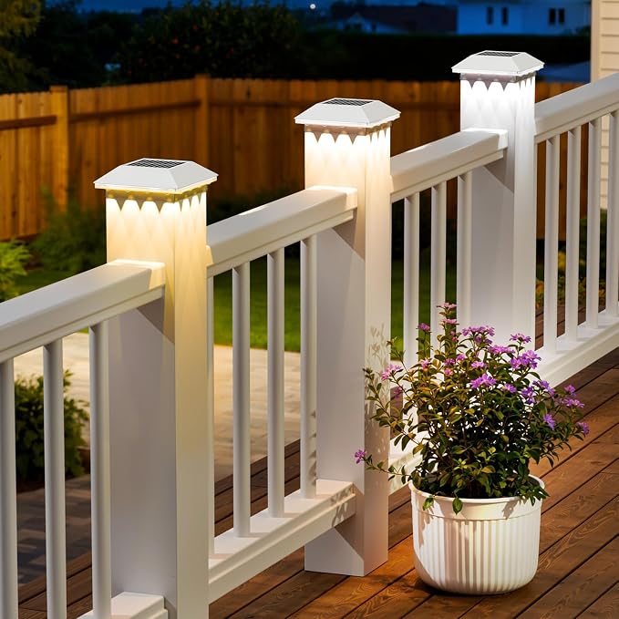 16 Pack 4x4 Solar Post Light, 3 Mode Wooden Vinyl Fence Cap, White | 3 color temperatures, Waterproof LED Solar Post Lights, Patio Porch Decor, Only Fit Two True Size Post: 3.5''x3.5'', 4''x4''