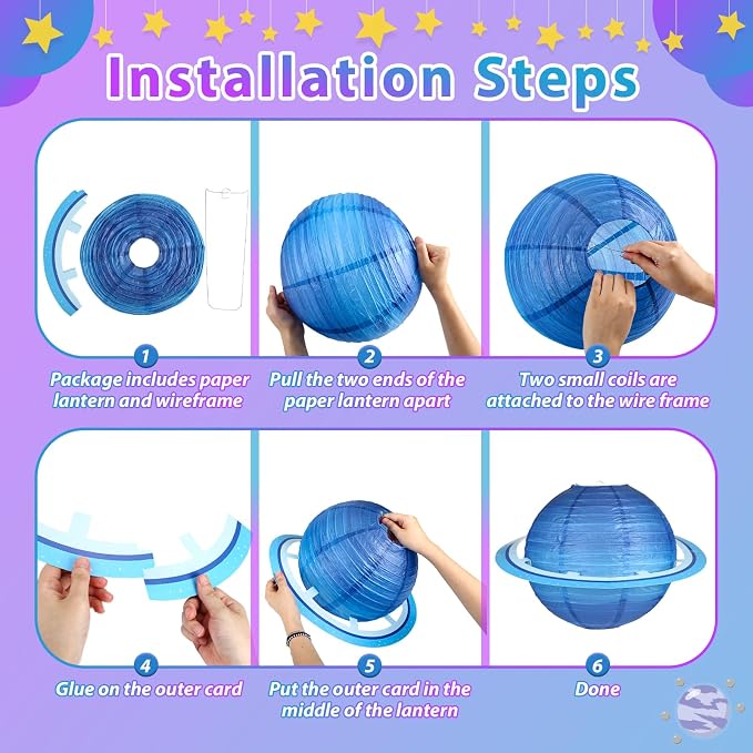 8pcs Planet Paper Lanterns, 12 Inch Outer Space Party Decorations | Solar System Hanging Planets Lantern, for Kids, Space Theme Party, Birthday Room Decorations