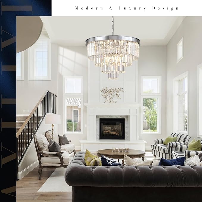 Chrome Crystal Chandelier 24” Modern Chandelier for Dining Room Round Ceiling Pendant Light Fixture 4 Tiers 12 Lights Luxury Large Chandelier for Entryway Living Room Bedroom