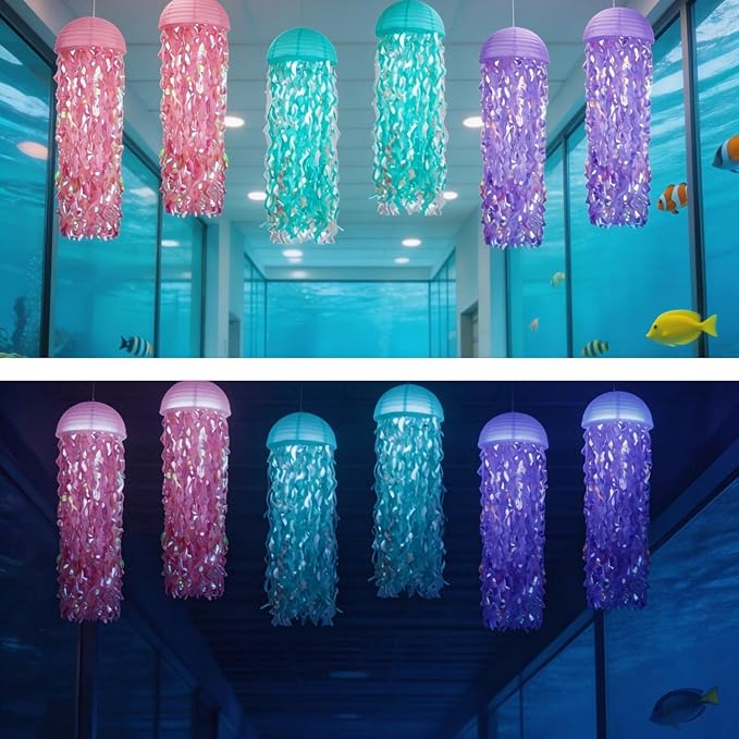 Jellyfish Paper Lanterns with LED Lights Set of 6, Lilac/Pink/Turquoise Dome Hanging Floating Decorations for Under The Sea Party Mermaid Birthday Ocean Classroom Beach Room Aesthetic
