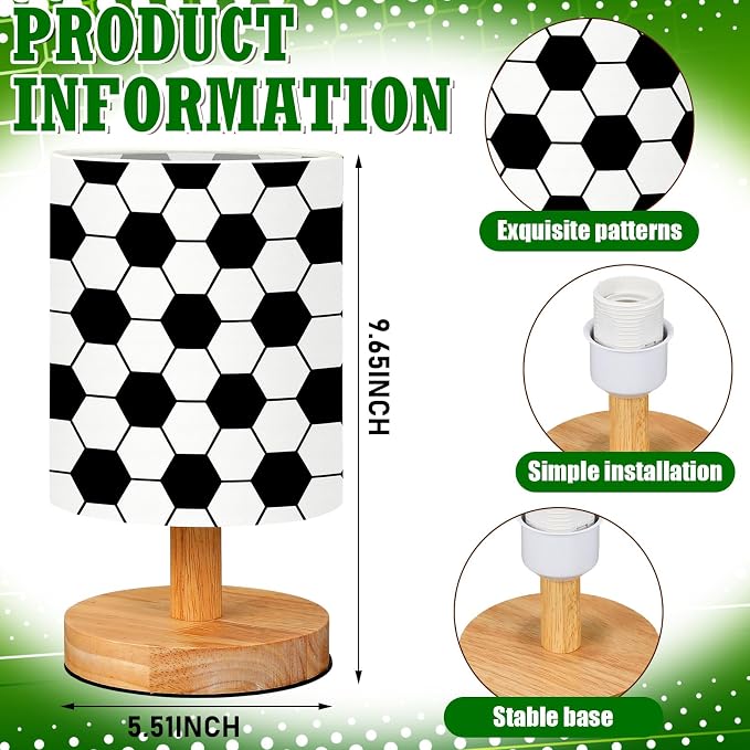 Soccer Kids Table Lamp for Bedroom Kids Bedside Lamp with Linen Wooden Nightstand Cartoon Nursery Lampshade for Girls Boys Living Room