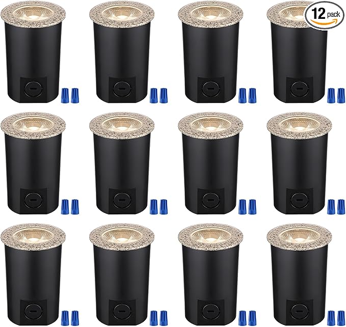 LEONLITE 12-Pack 3W 3000K Well Lights In Ground Outdoor, Rock Color | 12-24V AC/DC, CRI90, IP67, Warm White, Low Voltage Garden Landscaping, Embedded Parts Included, Aluminum