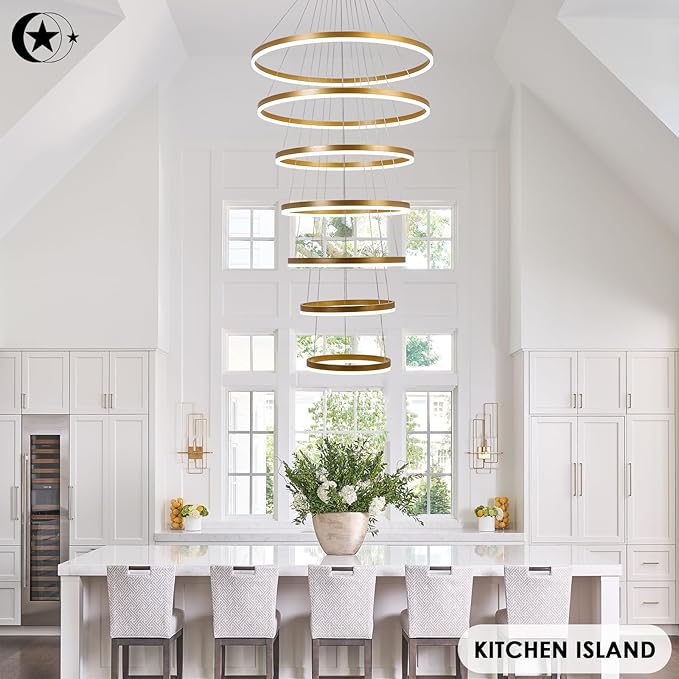 XGZL·LIGHTING 7-Rings Modern LED Chandelier Gold D31.5’’ Contemporary High Ceiling Foyer Chandeliers Large with Remote Entryway for Living Room Entrance Staircase, 3000K-6000K