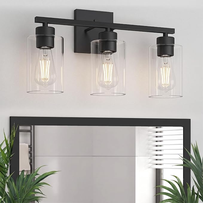 Matte Black Bathroom Vanity Light, 3-Light Vanity Lighting fixtures Over Mirror, Round Design & UL Certification, Wall Sconces with Clear Glass Shades, E26 Socket (Bulbs Not Included)