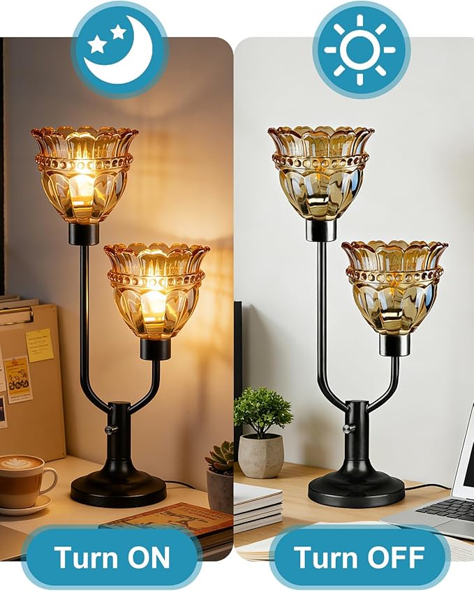 Lightdot Mid Century Modern Glass Table Lamp Black Dimmable Desk Lamps with Brown Glass Shade& 2Pcs 3000K Warmwhite Bulbs Included U-Shaped Bedside Nightstand Lamp for Living Room Bedroom