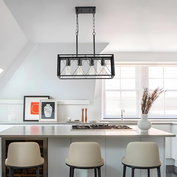 KEESFU Black Farmhouse Kitchen Island Lighting, 4 Lights Pendant Lighting Fixtures, Adjustable Height, Industrial Dining Room Light for Living Room Foyer Dining Table Over Sink.