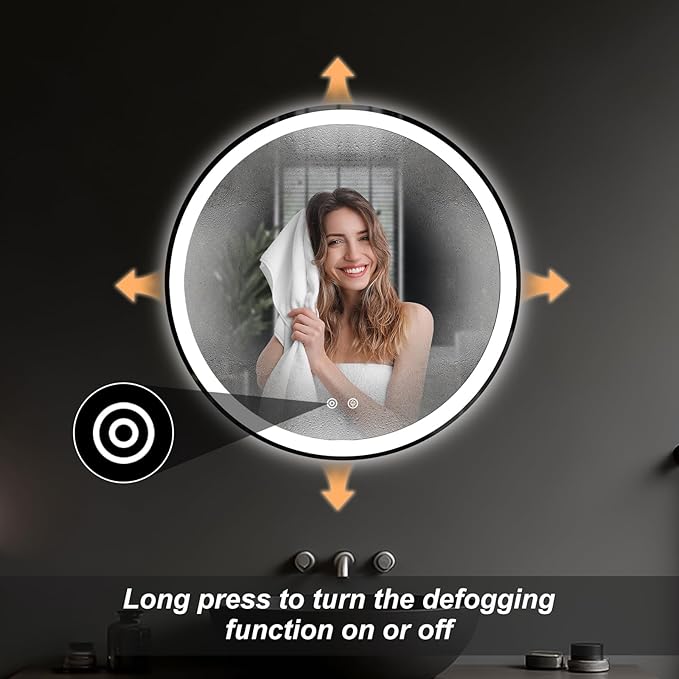 DUMOS 24 Inch Round LED Bathroom Mirror with Lights, Circle Vanity Mirror with Anti-Fog, Dimmable, 3-Color Light, Memory Function, Tempered Glass