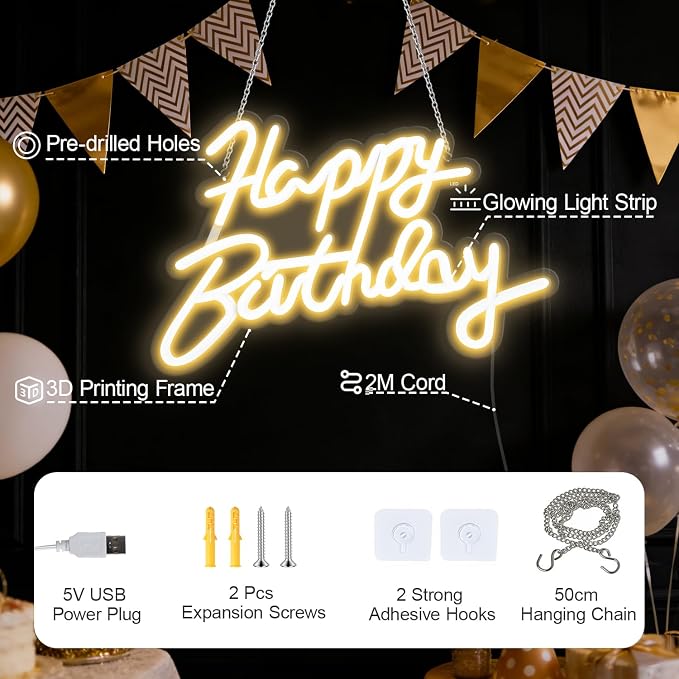 Happy Birthday Neon Sign for Wall Party Decor, LED Happy Birthday Light up Sign for Backdrop, 16"x 11" USB Powered 10 Brightness Settings Light up Signs Party Decorations Backdrop, Warm White