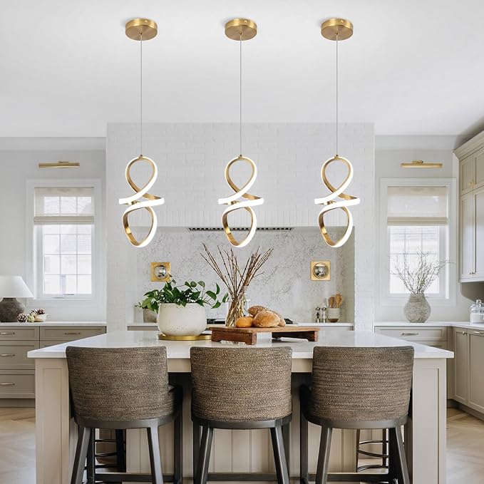 6000K Modern LED Pendant Lights, 22W LED Pendant Lights Kitchen Island Lighting, Gold Adjustable Height Hanging Light Fixture for Kitchen Study Corridor Dining Room, 1 Pack