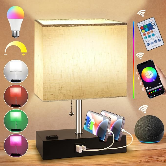 Smart RGB Dimmable Table Lamp Work with Alexa&APP&Remote Control, Beige | Bedside Desk Lamp with Charging Ports&Outlet&Phone Stand, Music Sync Nightstand Lamp for Bedroom Living Room Office Dorm