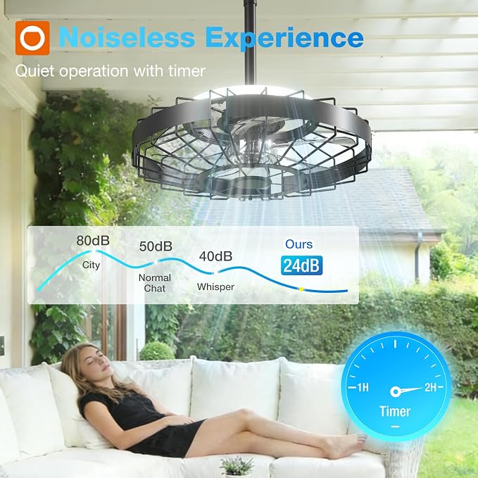 addlon 20" Outdoor Ceiling Fan with Light for Patio, IP65 Plug in Caged Fan | Waterproof, Hanging, Reversible DC Motor, 6 Speeds, Remote/APP Control, Quiet Operation, Timer, for Gazebo, Patio, Porch
