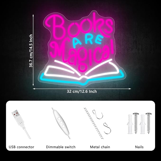 Books are Magical Neon Sign, Neon Signs for Wall Decor, Dimmable Led Signs for Bedroom, Light Up Signs for Classroom Reading Room Book Party Library Decoration Bookish Decor Gifts