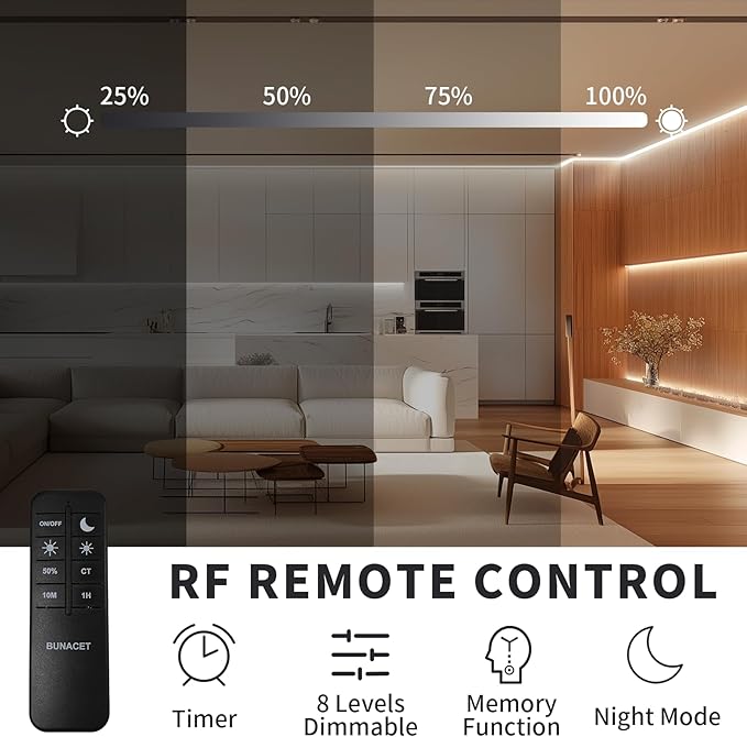 COB LED Strip Light 40ft/12m (1 Roll) Cool White 6500K High Lumen CRI 90+ with UL Listed Power Adapter RF Remote for Bedroom Counter Under Cabinet Kitchen Projects