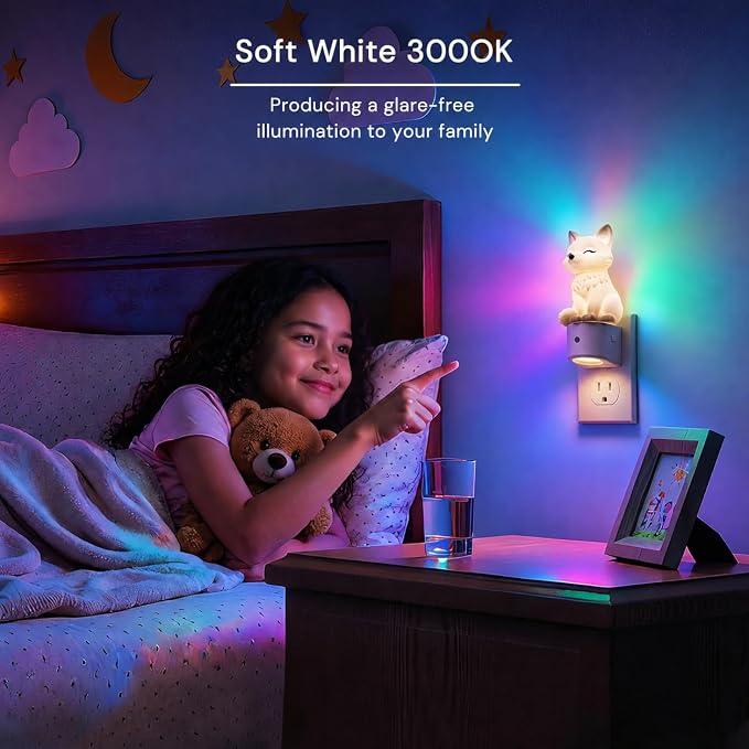 L LOHAS LED Night Light for Kids, Kids Night Light, Dusk to Dawn Sensor | 3D Cute White Fox Night Lights,RGB+Soft White 3000K,Birthday Gift Nightlight for Kids, Room Decor