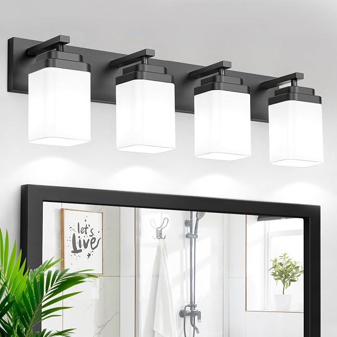 Matte Black Bathroom Light Fixtures, 4 Lights Bathroom Lighting Fixtures Over Mirror, Square Design & Rectangle Large Backplate, Modern Vanity Lighting Fixtures, for Living Room/Bedroom