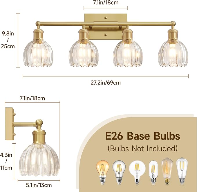 4 Light 27.2 in Bathroom Vanity Light,Rustic Brass Bathroom Lighting Fixtures Over Mirror, Vintage Vanity Mirror Lights Clear Tulip Glass Wall Sconce for Living Room,Bedroom,Hallway,E26 Base