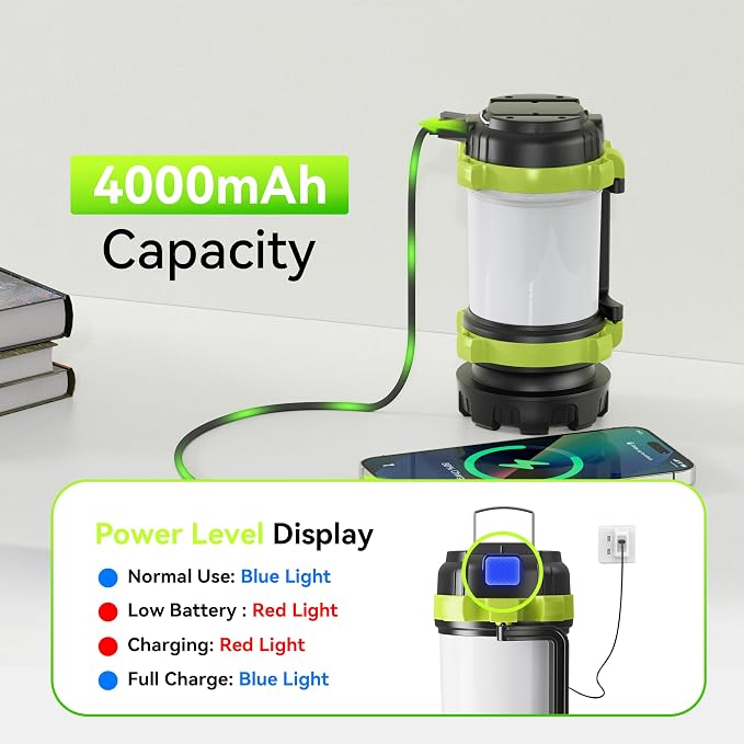 Camping Lantern, Rechargeable Flashlight & Emergency Light | 1000LM 6 Modes Battery Powered Lantern, 4000mAh Portable Camp Light for Outdoor Hiking, Hurricanes and Power Outages