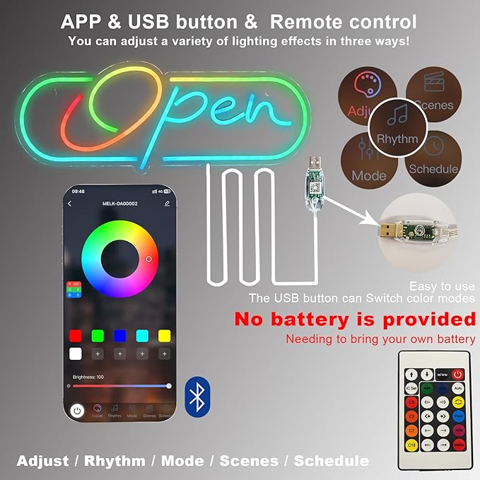 ineonlife Open Neon Sign Dream Colorful Open Controller Neon Light for Wall Display Sign Walls Window Door Bar Shop Coffee Salon Hotel Store Restaurant Bakery Decorations