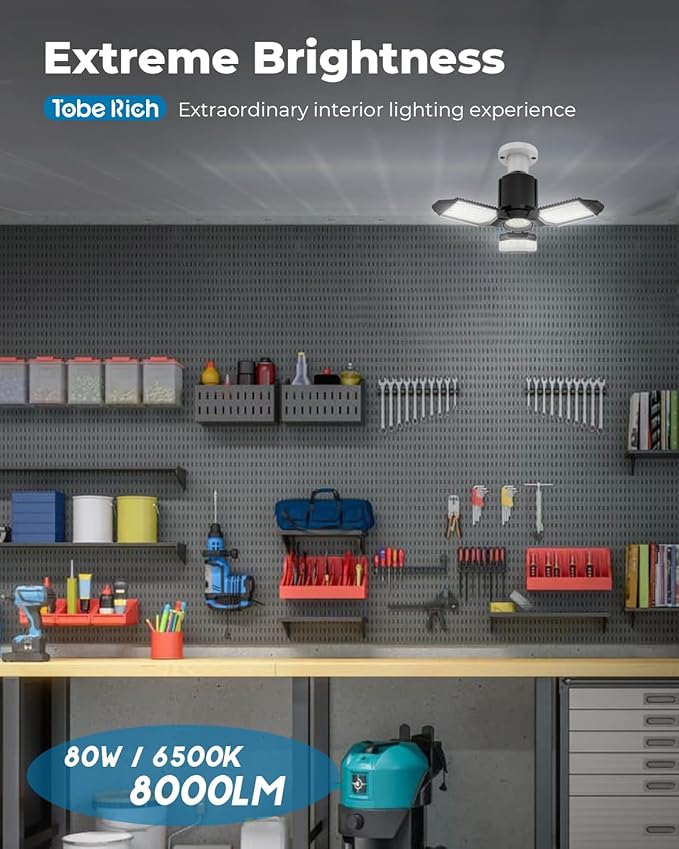 LED Garage Light Bulbs 6 Pack, 8000LM Shop Lights with 3+1 Deformable Panels, 6500K Screw in Ceiling Lights for Garage, Workshop, Workbench, Basement