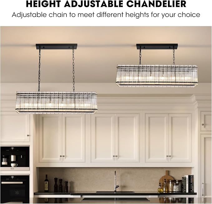 NOXARTE 40 Inch Modern Black Crystal Chandelier for Dining Room, 6-Lights Large Ribbed Glass Rectangle Chandelier Height Adjustable Rectangular Hanging Light Fixture for Living Room, Kitchen Island