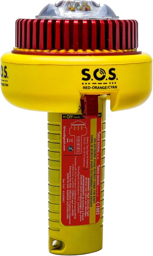Sirius Signal C-1002 SOS LED Distress Signal, 2-Color + IR - USCG Approved | Electronic Boat Flare Replacement, Bright Two-Color (Red-Orange/Cyan) + Infrared, Includes Mount, Daytime Flag & Whistle