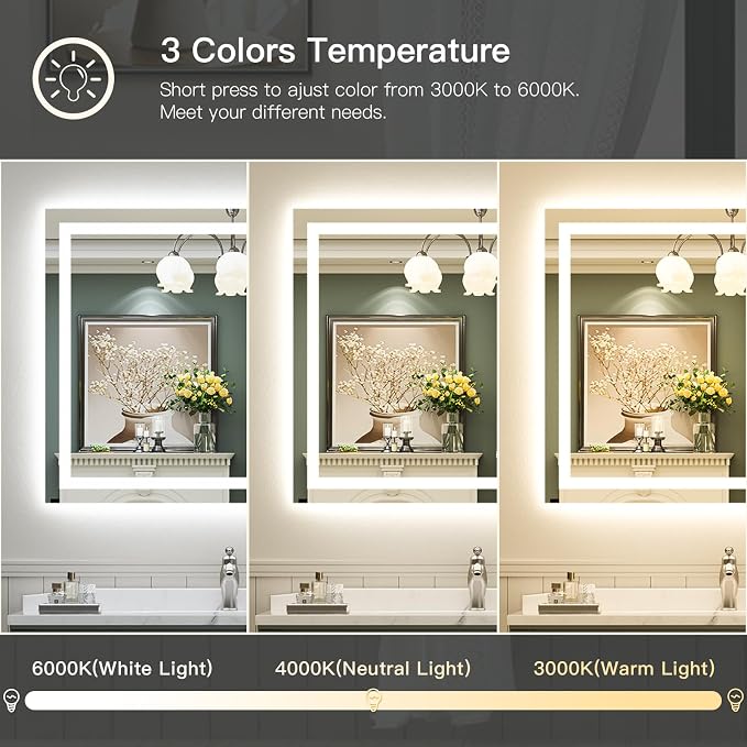 48x40 Inch LED Bathroom Mirror with Lights, Backlit & Front Lit | Anti-fog, 3 Color Dimmable, Memory Function, HD Reflection Tempered Glass, ETL Listed, IP54 Waterproof
